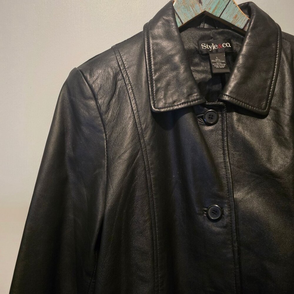 Vintage 90s Style & Co. Genuine Leather Long Waisted Black Jacket, Sz L - Picture 3 of 7